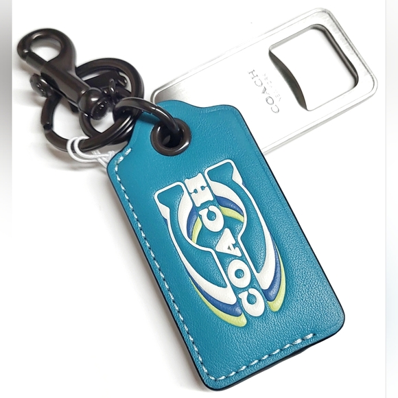Coach Bottle Opener Key Fob with Stamp Keychain JI/Teal Multi Leather NWT - Picture 12 of 16